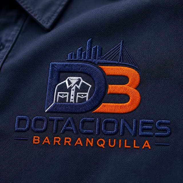Logo empresarial bordado en hilo sobre una prenda de dotación azul