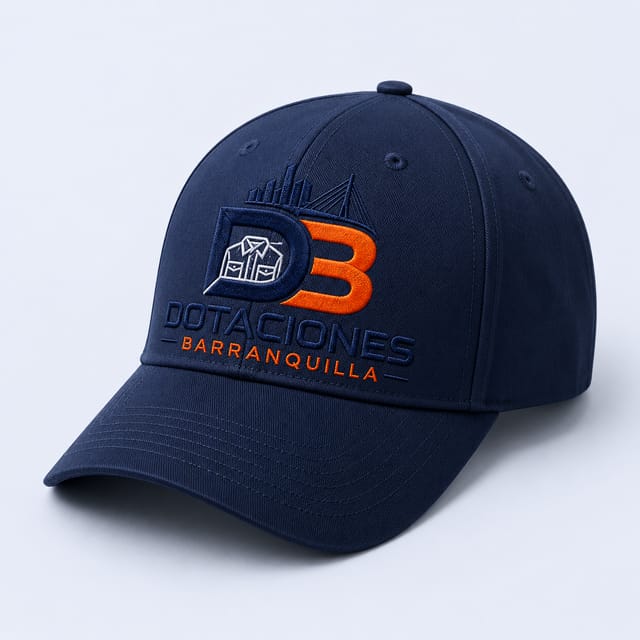 Gorra azul con el logo de la empresa bordado al frente
